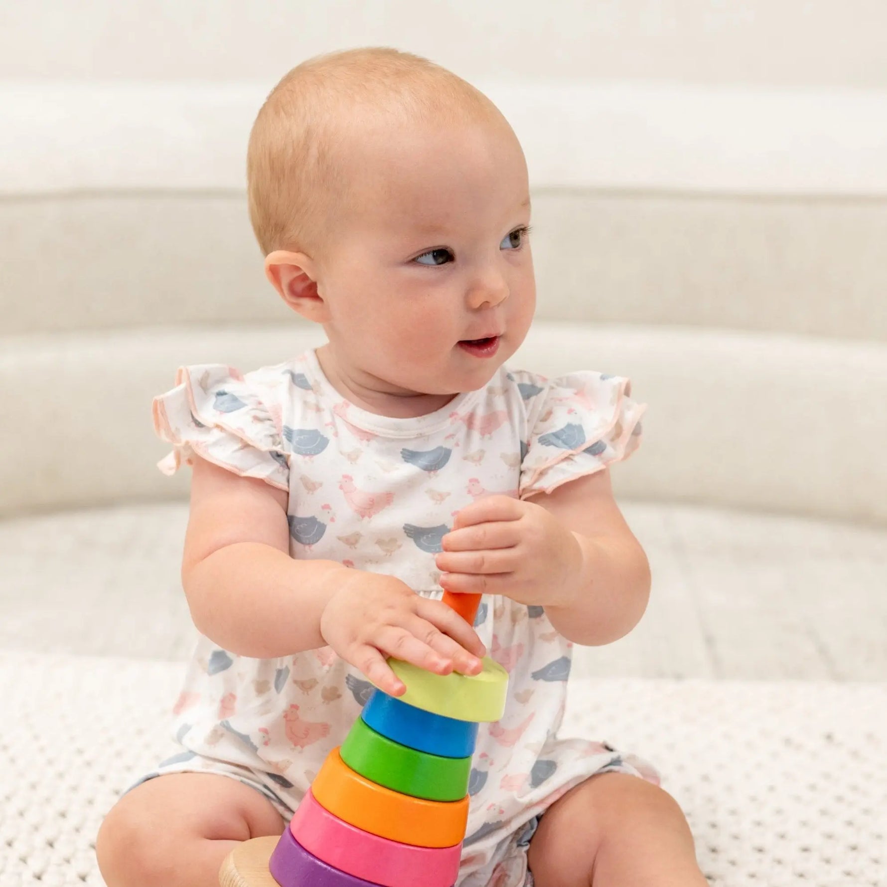 Sweet Bamboo Pink Farm Hens Bamboo Ruffle Romper for Stylish Summer Play for Girls - Apparel & Accessories > Clothing > Baby & Toddler Clothing > Baby One-Pieces baby daywear