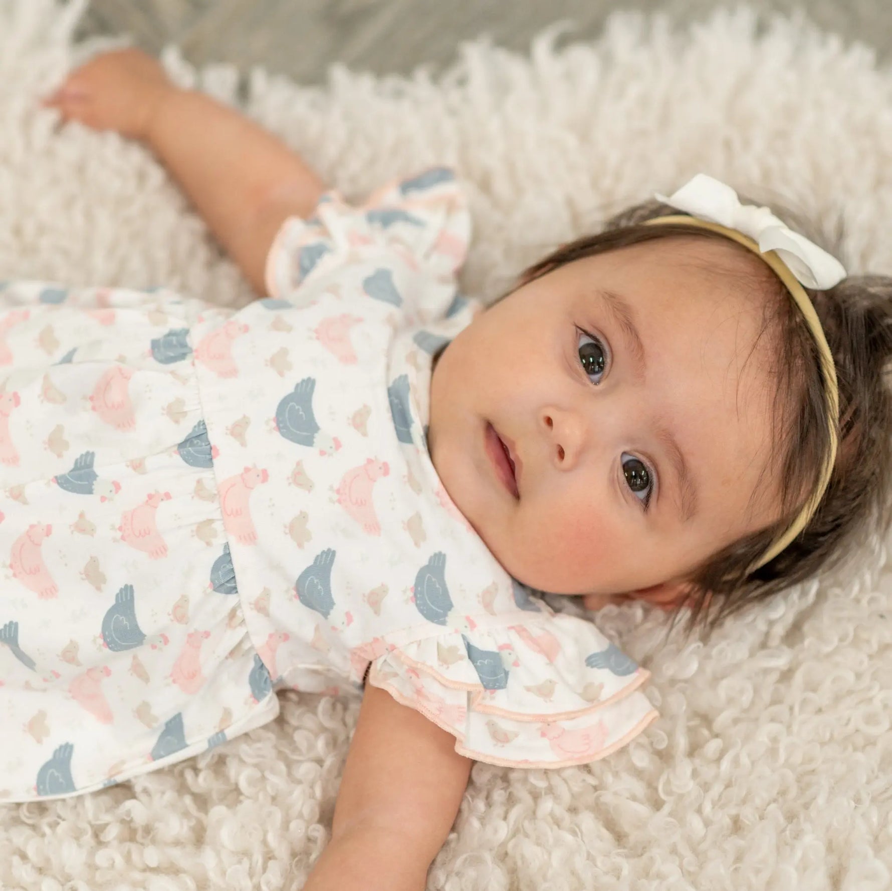 Sweet Bamboo Pink Farm Hens Bamboo Ruffle Romper for Stylish Summer Play for Girls - Apparel & Accessories > Clothing > Baby & Toddler Clothing > Baby One-Pieces baby daywear