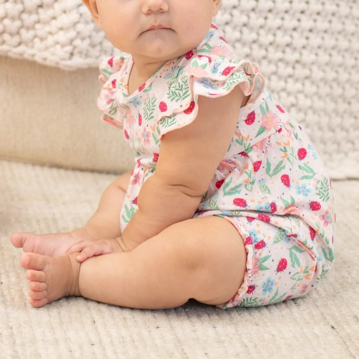 Ladybug Flower Garden Ruffle Romper for Girls with Flutter Tank Sleeves and Snap Closure Sweet Bamboo