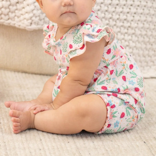 Ladybug Flower Garden Ruffle Romper for Girls with Flutter Tank Sleeves and Snap Closure Sweet Bamboo