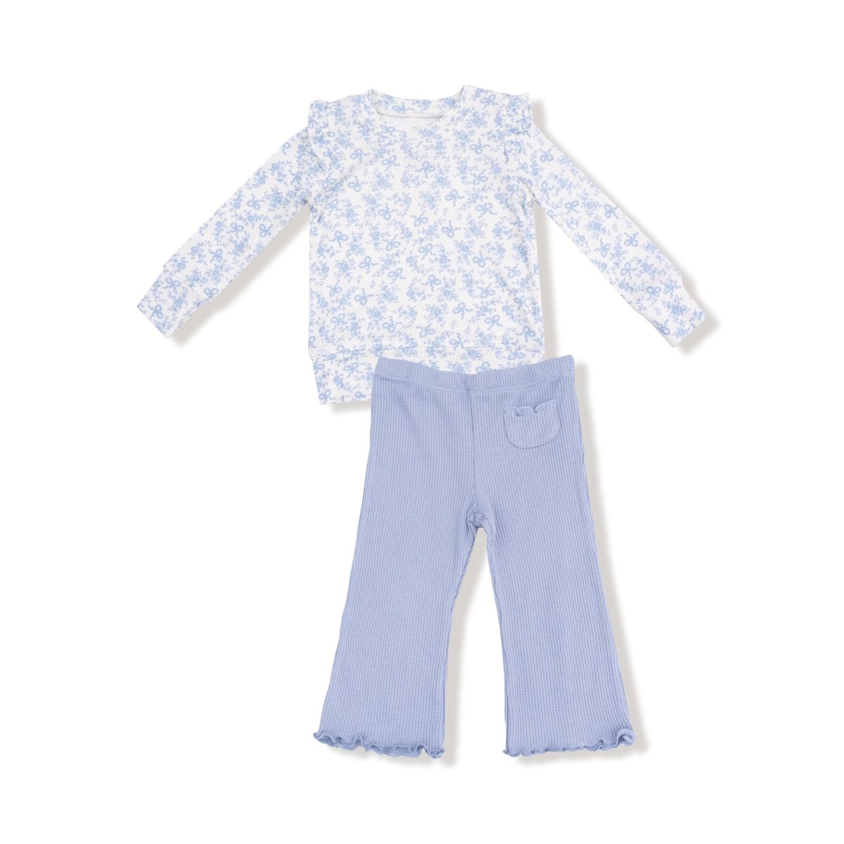 Angel Dear Ruffle Shoulder Rib Shirt and Waffle Flare Pant Set - Everetts Place Boutique - 