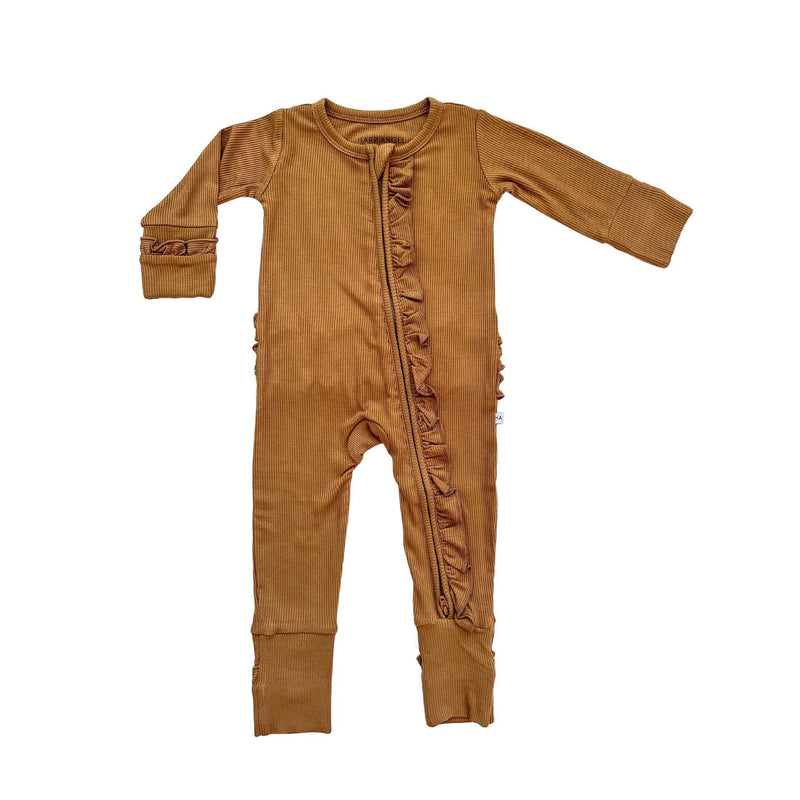Caramel ribbed one-piece with ruffles and 2-way zipper.