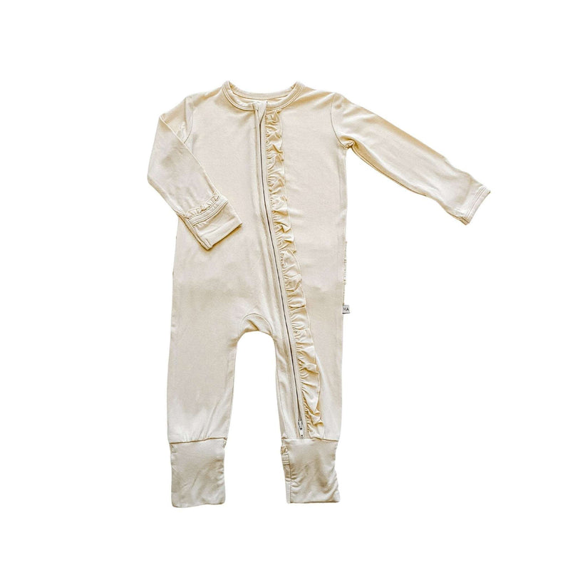 Cream Ruffle Zipper One Piece baby outfit with fold-over cuffs and two-way zipper.