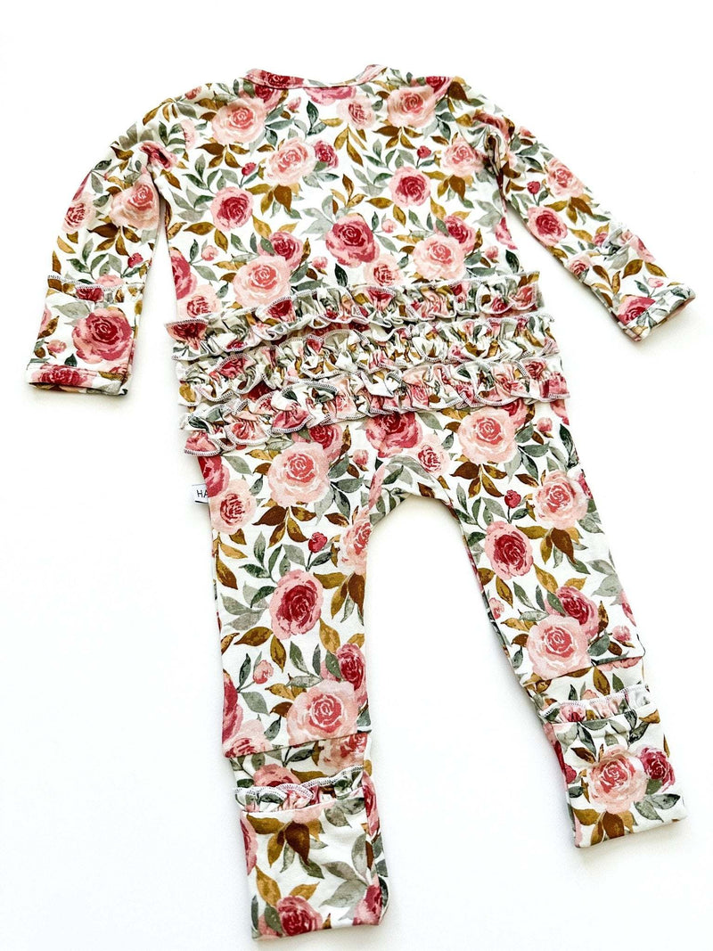 Dusty pink floral ruffle zipper one piece for babies, bamboo viscose material.