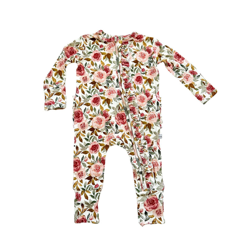 Dusty pink floral ruffle zipper one piece baby outfit with 2-way zipper.