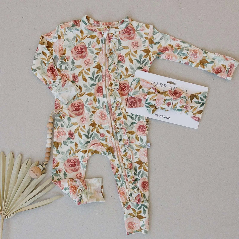 Ruffle Zipper One Piece Dusty Pink Floral Baby Outfit Harp Angel Boutique