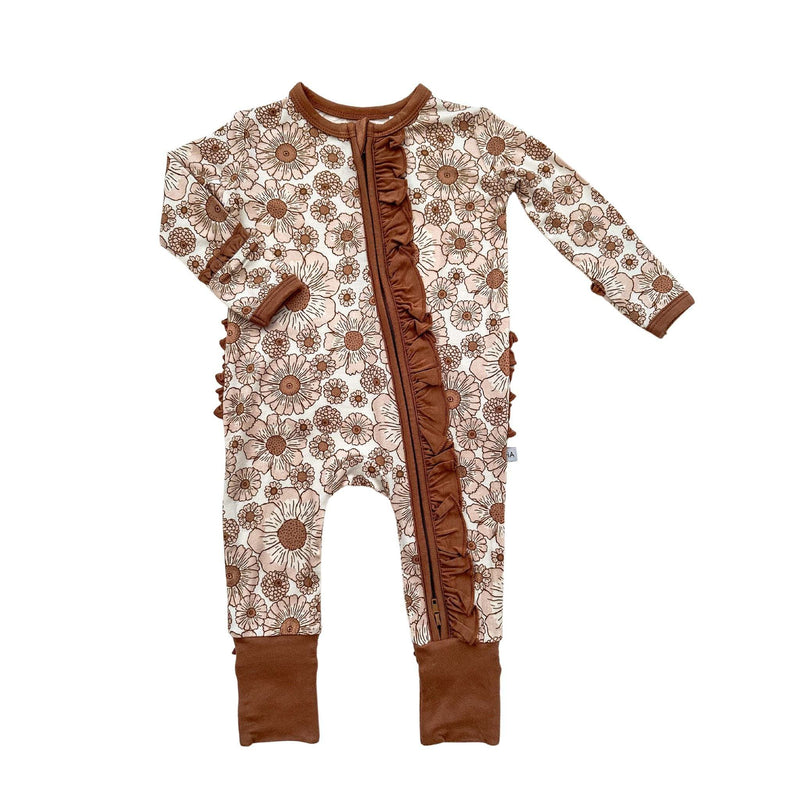 Bamboo flower garden ruffle zipper one piece outfit for babies.