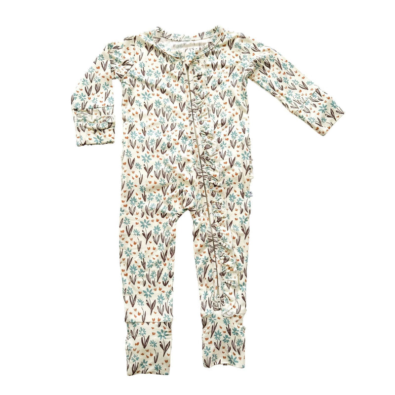Ruffle Zipper One Piece in La La Floral with ruffle details and 2-way zipper.
