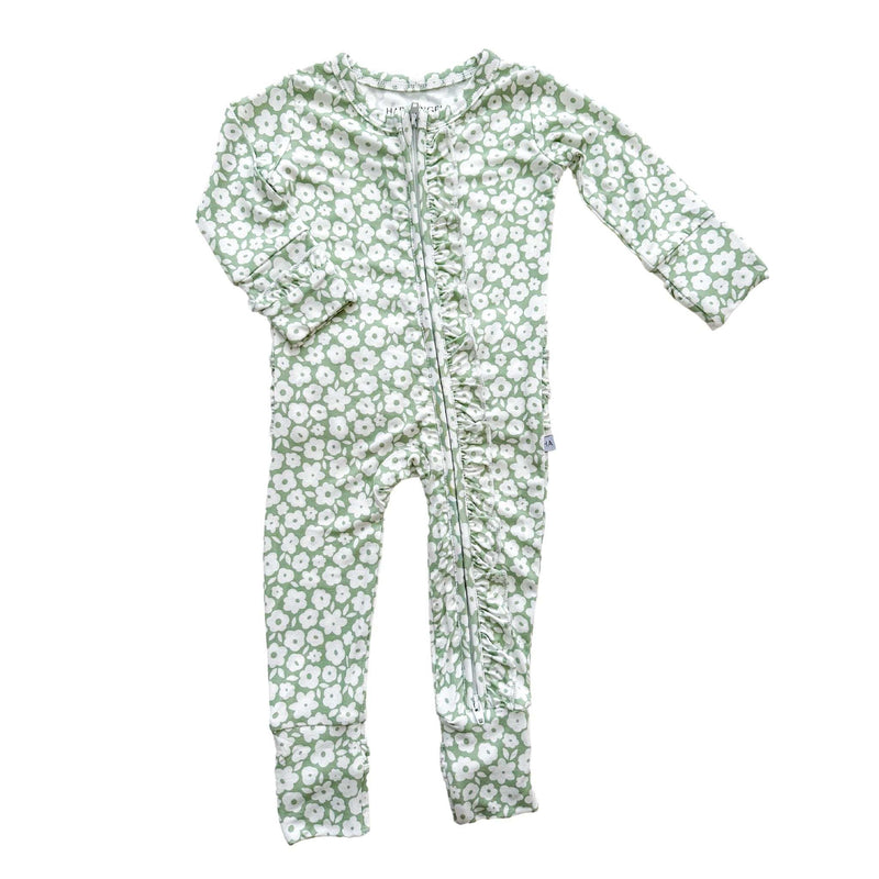Ruffle Zipper One Piece in sage ditsy floral pattern with ruffle details and two-way zipper.