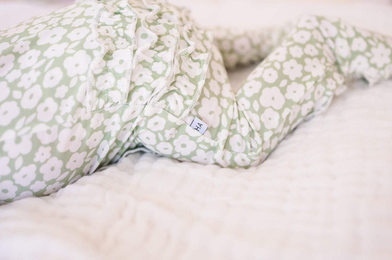 Ruffle Zipper One Piece in sage ditsy floral with soft bamboo fabric and ruffle details.