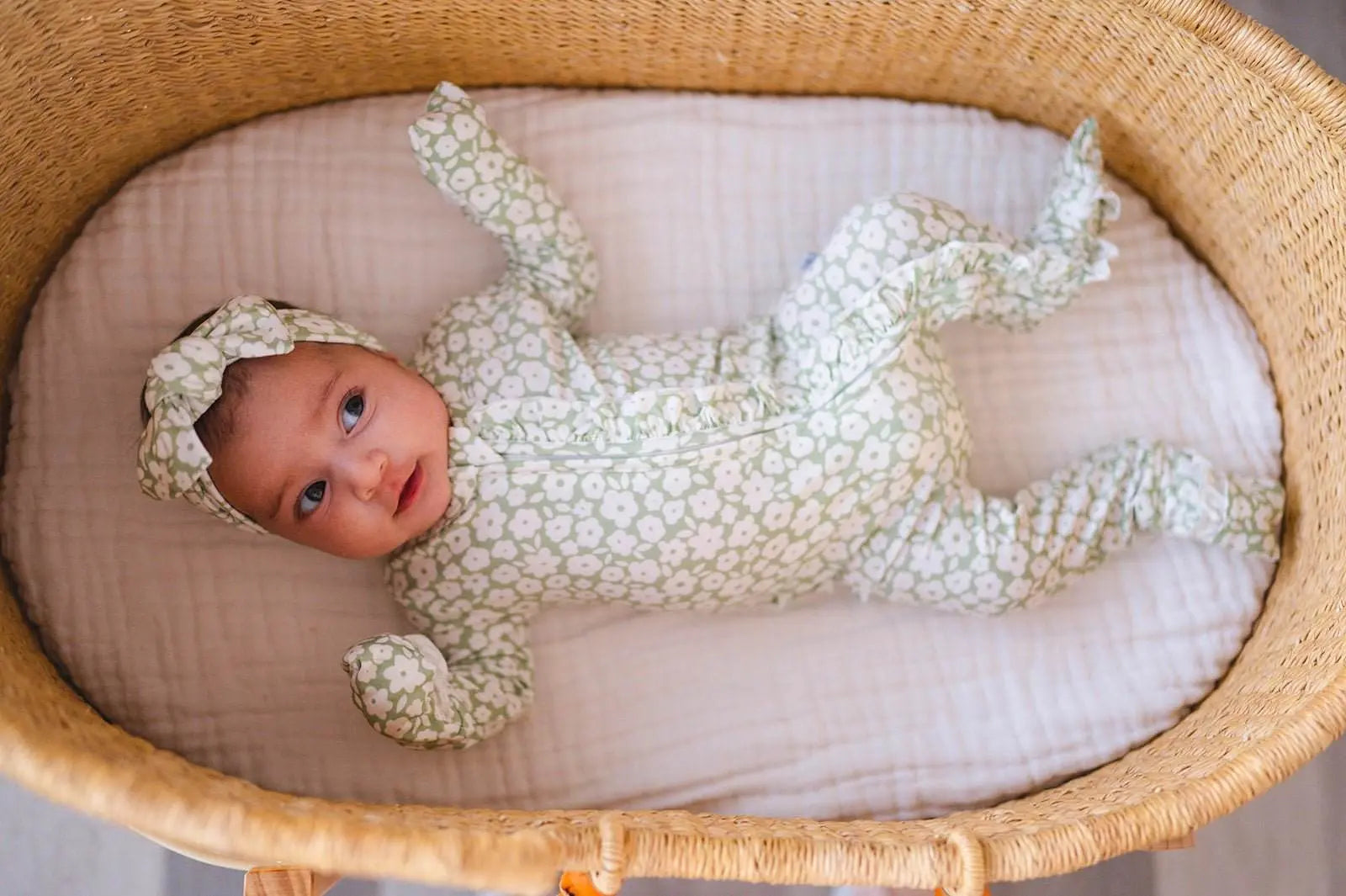 Ruffle Zipper One Piece Pajamas Sage Ditsy Floral for Baby Harp Angel Boutique