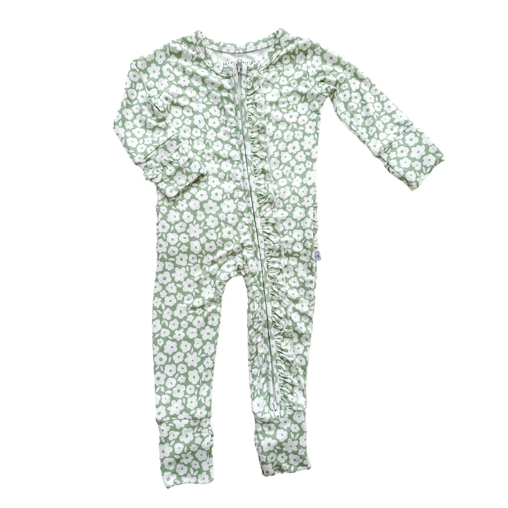 Ruffle Zipper One Piece Pajamas Sage Ditsy Floral for Baby Harp Angel Boutique
