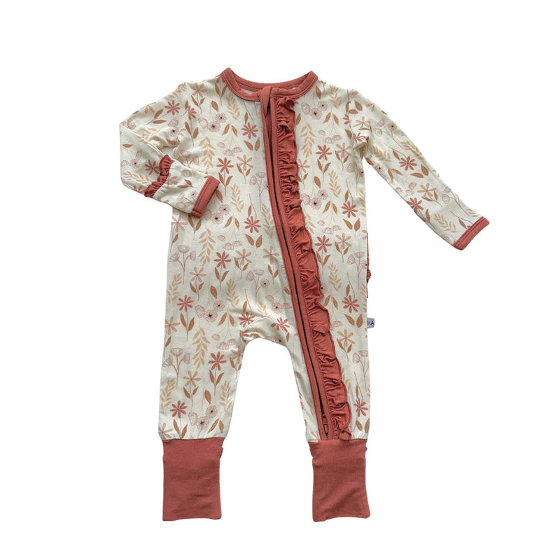 Wildflower ruffle zipper one piece romper, bamboo fabric, floral print, eco-friendly baby clothing.
