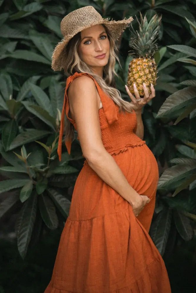 PinkBlush Rust Bow Strap Tiered Maternity Midi Dress - 