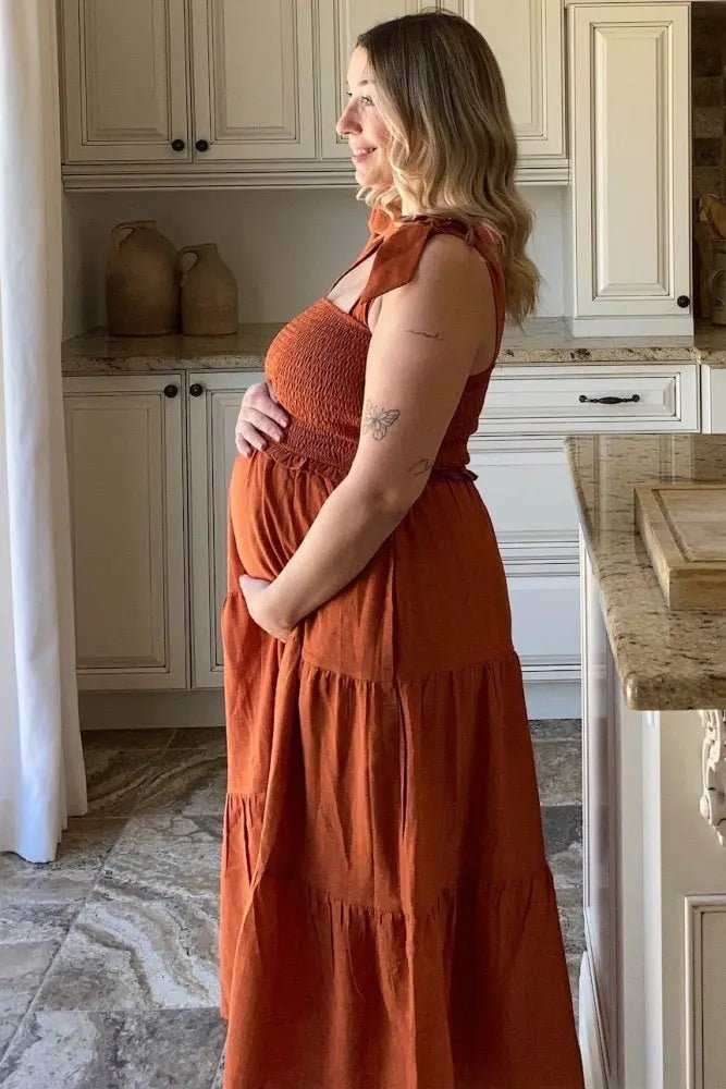 PinkBlush Rust Bow Strap Tiered Maternity Midi Dress - 