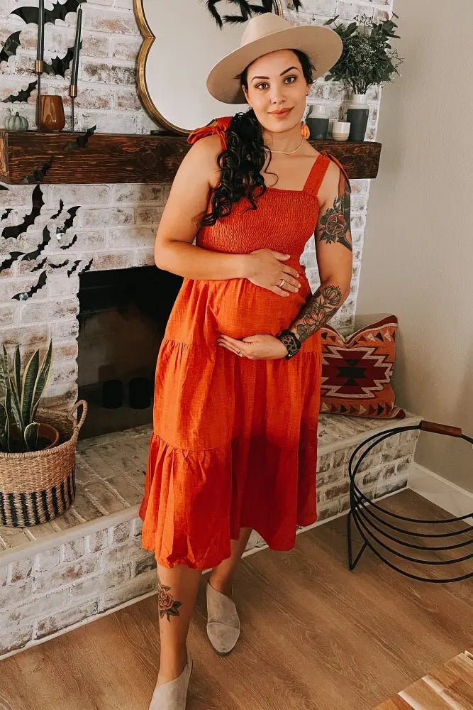 PinkBlush Rust Bow Strap Tiered Maternity Midi Dress - 