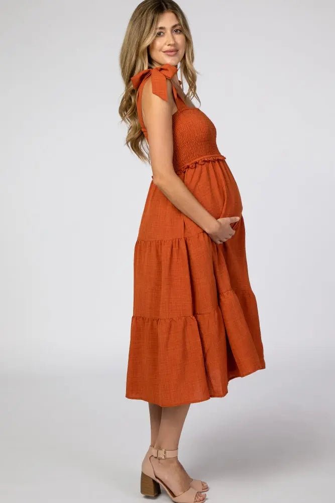 PinkBlush Rust Bow Strap Tiered Maternity Midi Dress - 