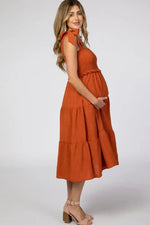 PinkBlush Rust Bow Strap Tiered Maternity Midi Dress - 