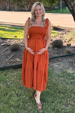 PinkBlush Rust Bow Strap Tiered Maternity Midi Dress - 