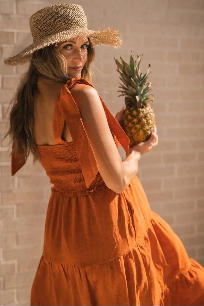 PinkBlush Rust Bow Strap Tiered Maternity Midi Dress - 