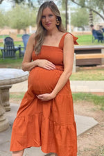 PinkBlush Rust Bow Strap Tiered Maternity Midi Dress - 