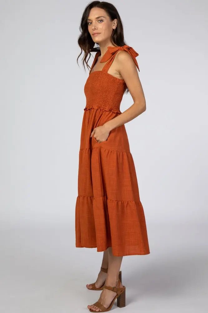 PinkBlush Rust Bow Strap Tiered Midi Dress - 