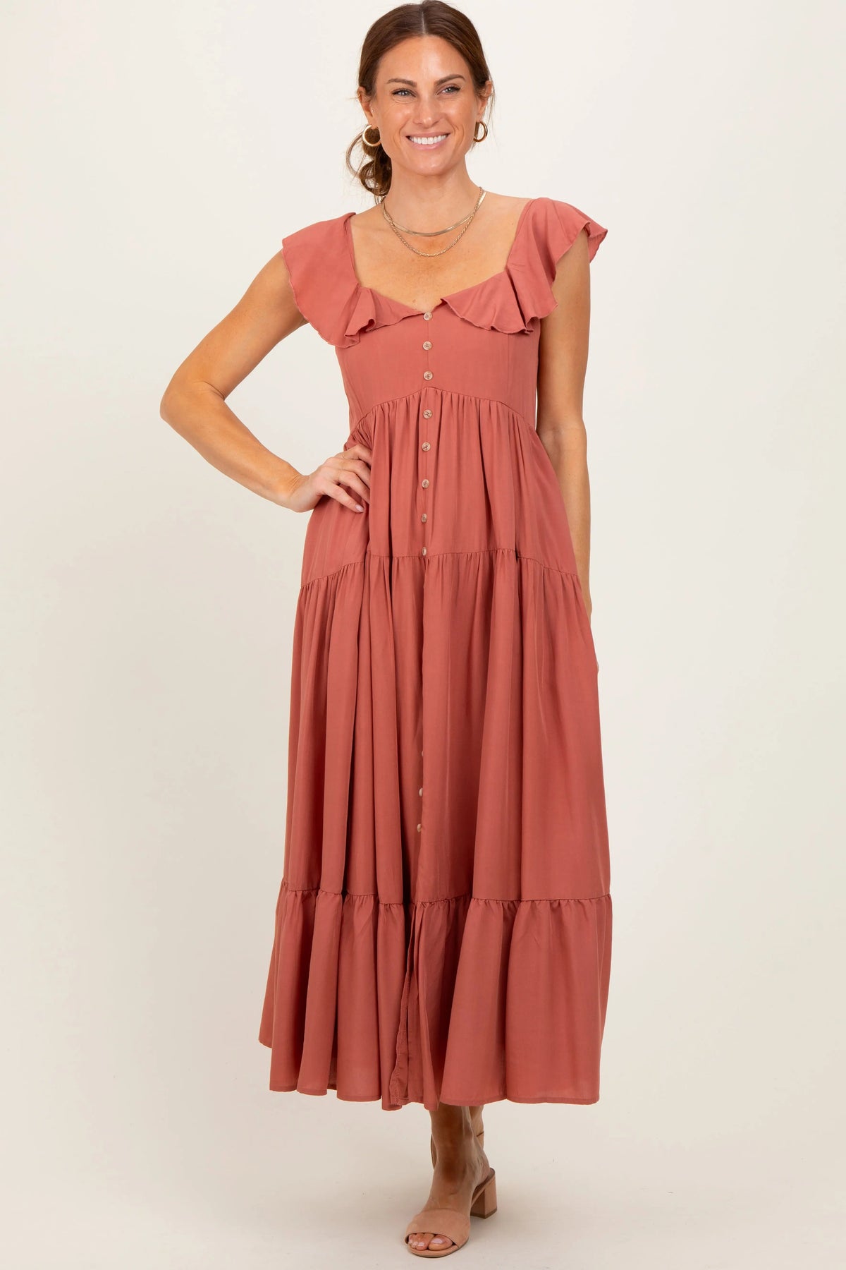 PinkBlush Rust Button Front Ruffle Square Neck Midi Dress - 
