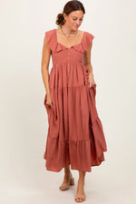 PinkBlush Rust Button Front Ruffle Square Neck Midi Dress - 