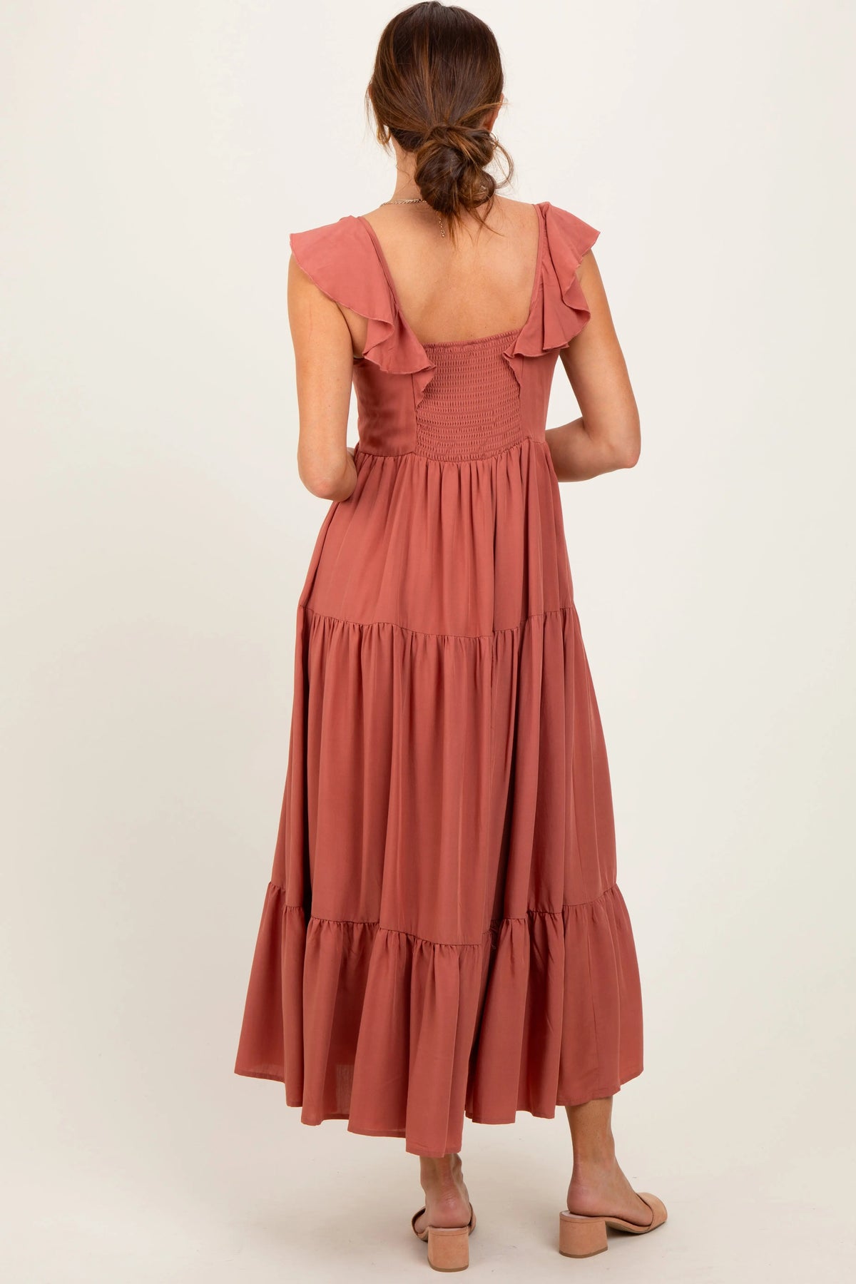 PinkBlush Rust Button Front Ruffle Square Neck Midi Dress - 