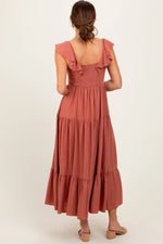 PinkBlush Rust Button Front Ruffle Square Neck Midi Dress - 