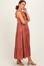 PinkBlush Rust Button Front Ruffle Square Neck Midi Dress - 