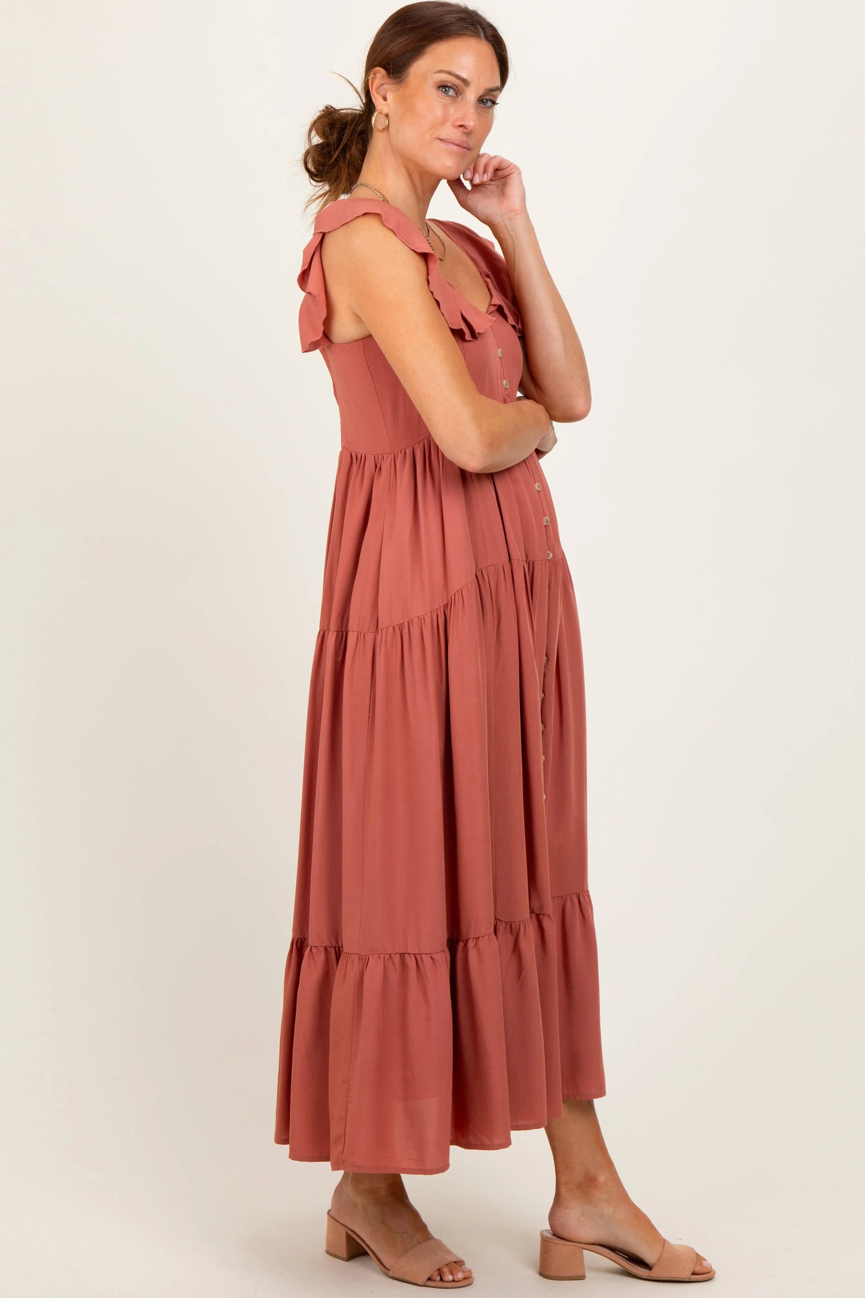 PinkBlush Rust Button Front Ruffle Square Neck Midi Dress - 