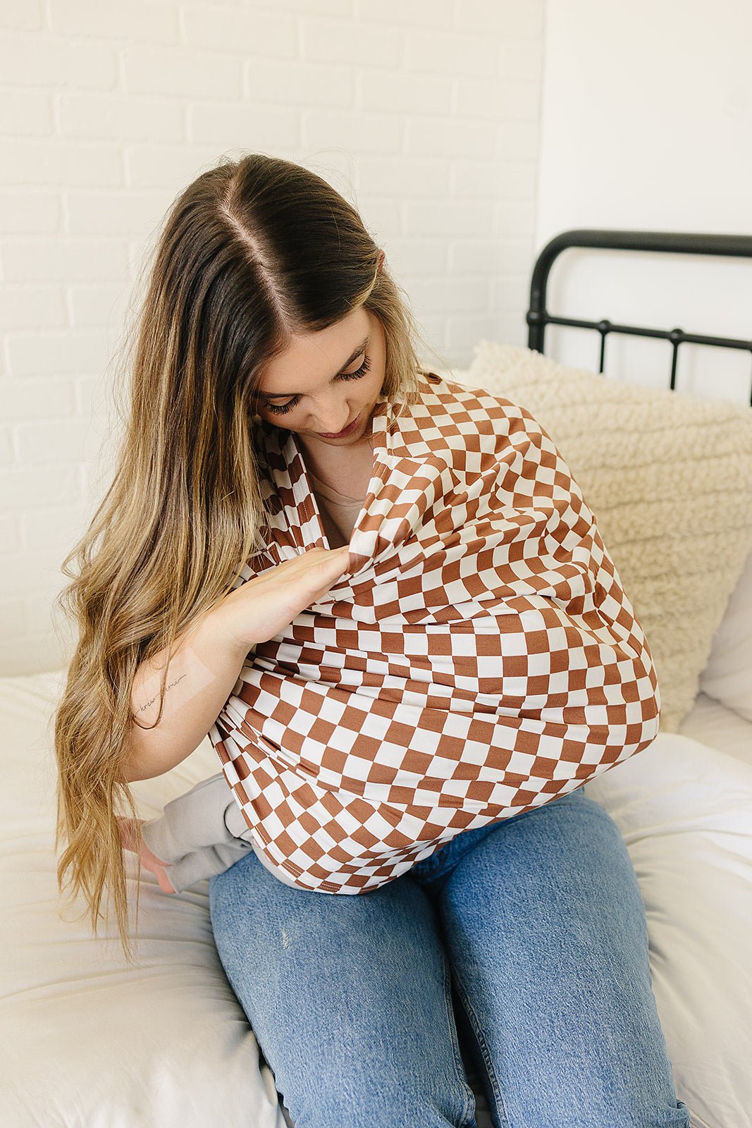 Mebie Baby Rust Checkered Ribbed Bamboo Multi Use Nursing Cover For Car Seat Stroller - 