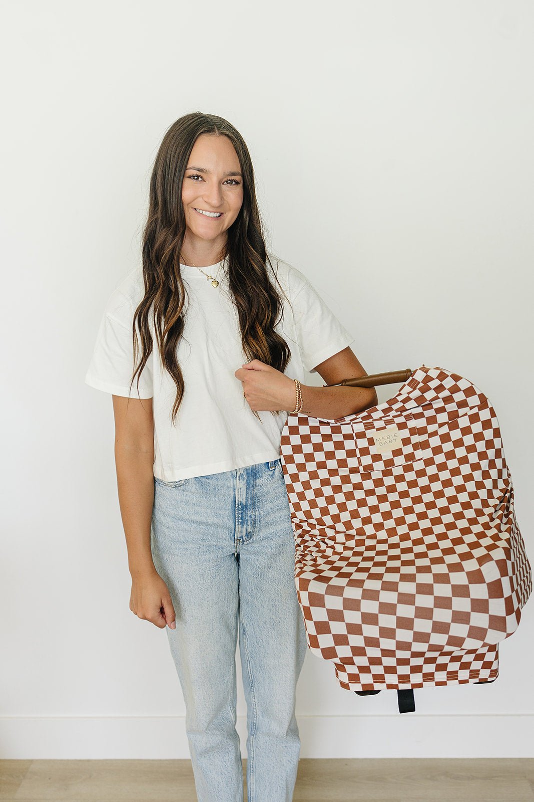 Mebie Baby Rust Checkered Ribbed Bamboo Multi Use Nursing Cover For Car Seat Stroller - 