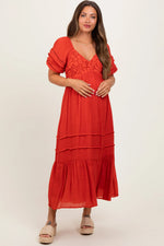 PinkBlush Rust Crochet Detail Bodice Maternity Midi Dress - 