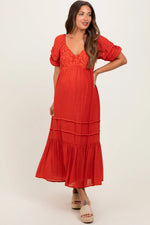 PinkBlush Rust Crochet Detail Bodice Maternity Midi Dress - 