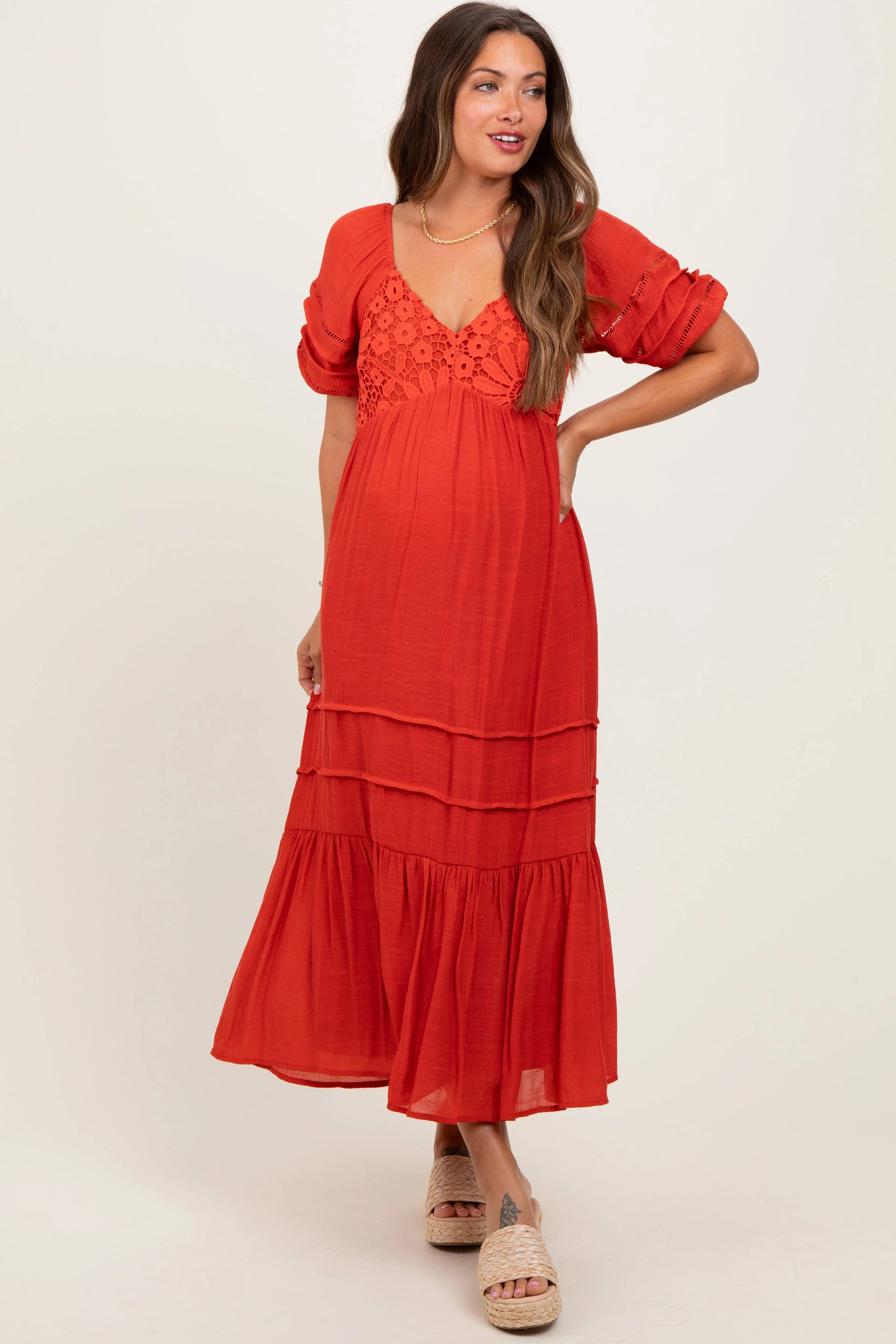 PinkBlush Rust Crochet Detail Bodice Maternity Midi Dress - 