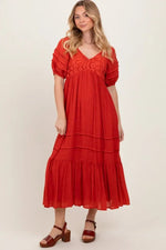 Rust Crochet Detail Bodice Midi Dress - Red, Person, Dress, Sandal, High heels | Everetts Place