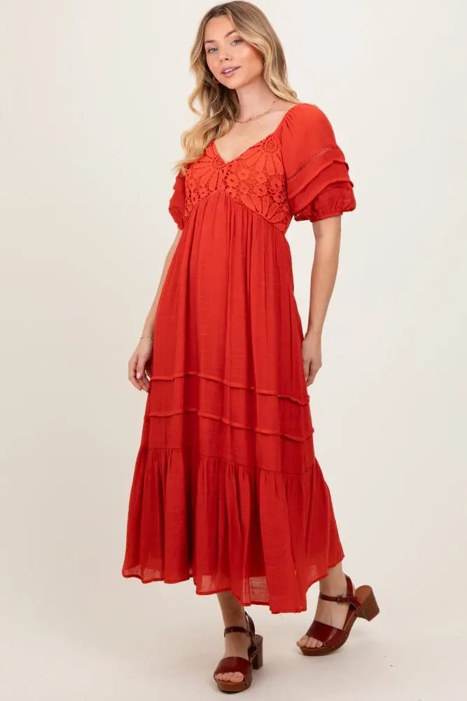 PinkBlush Rust Crochet Detail Bodice Midi Dress - 