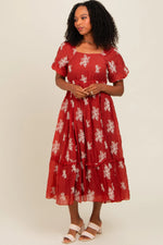PinkBlush Rust Floral Print Ruffle Hem Maternity Midi Dress - 