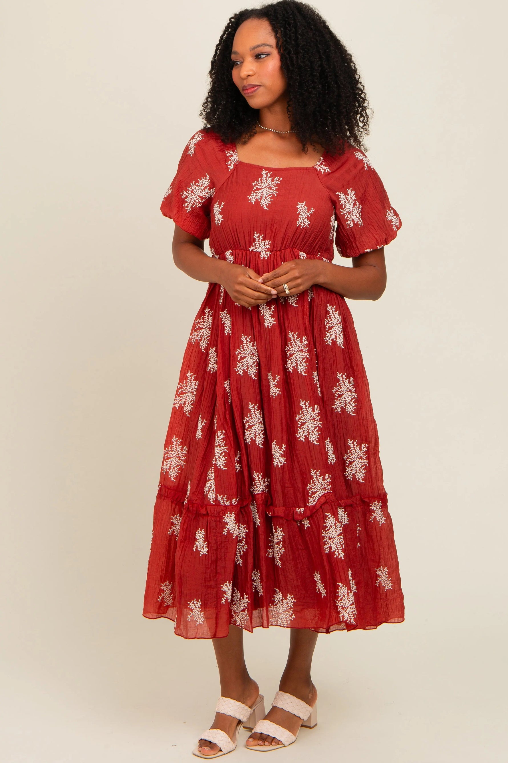 PinkBlush Rust Floral Print Ruffle Hem Maternity Midi Dress - 