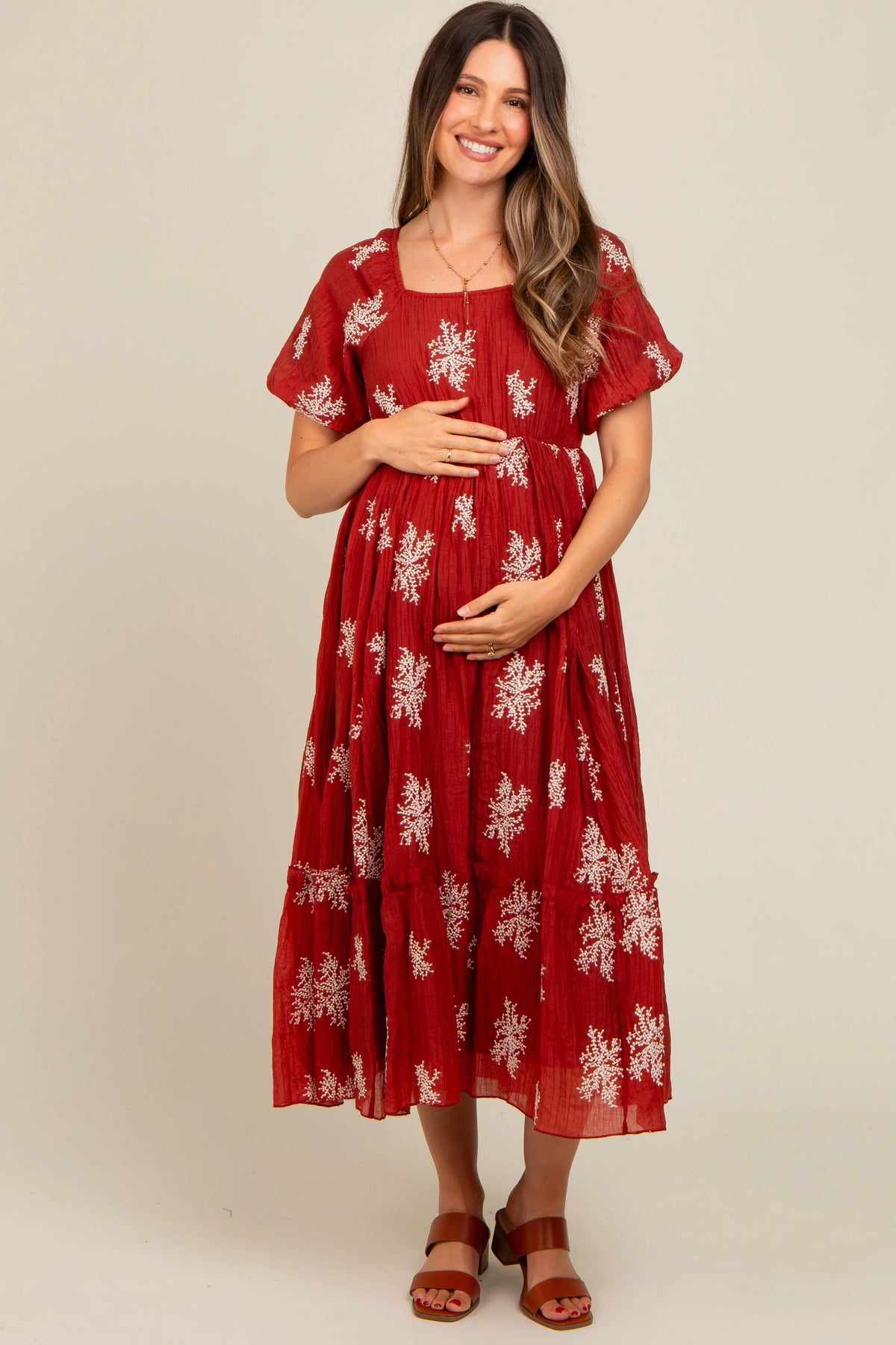PinkBlush Rust Floral Print Ruffle Hem Maternity Midi Dress - 