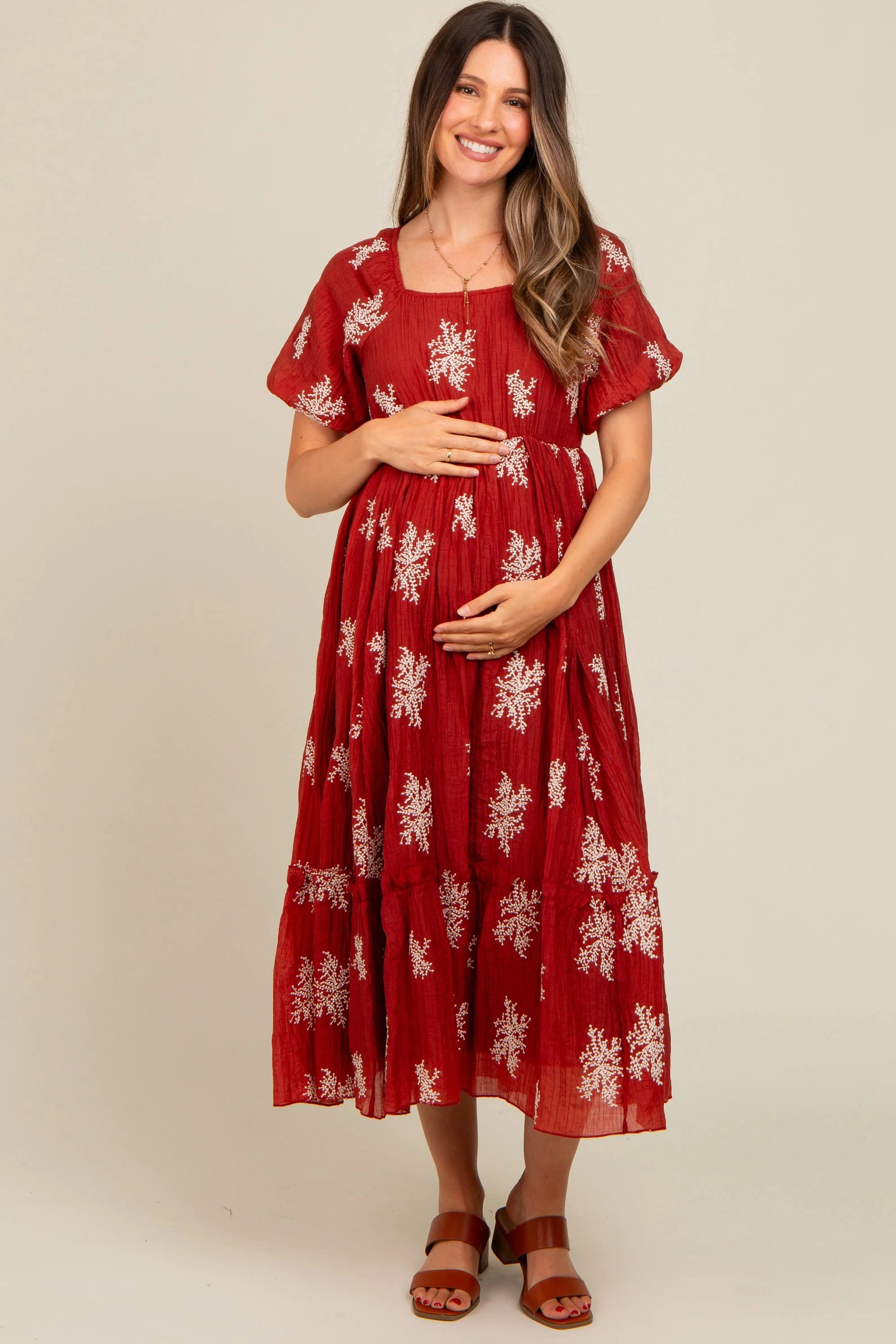 PinkBlush Rust Floral Print Ruffle Hem Maternity Midi Dress - 