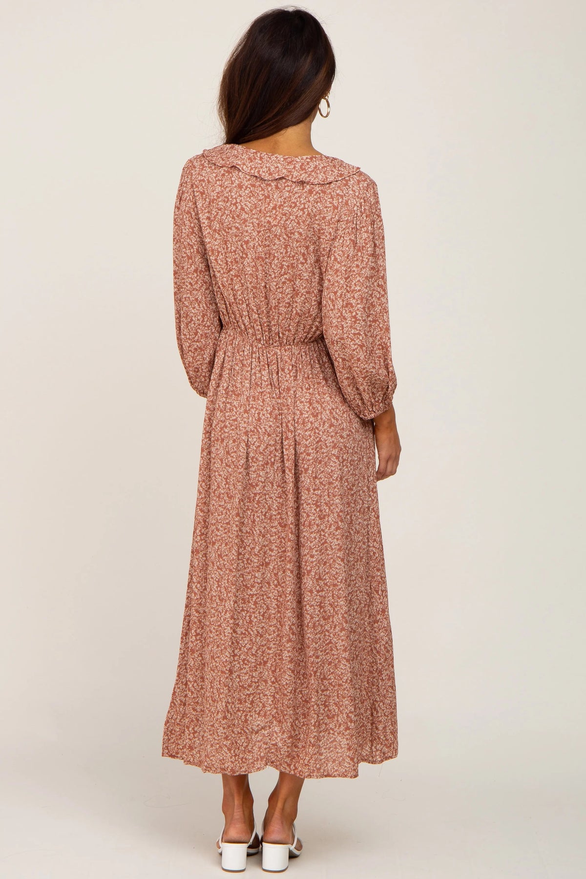PinkBlush Rust Floral Ruffle V - Neck Midi Dress - 