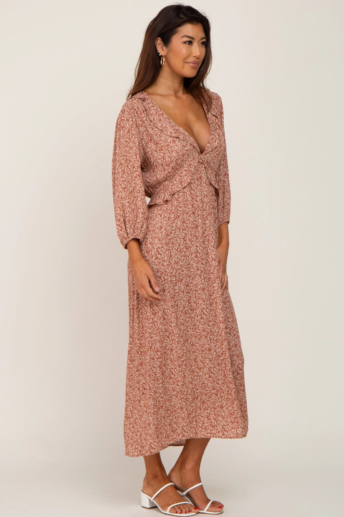 PinkBlush Rust Floral Ruffle V - Neck Midi Dress - 