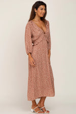 PinkBlush Rust Floral Ruffle V - Neck Midi Dress - 