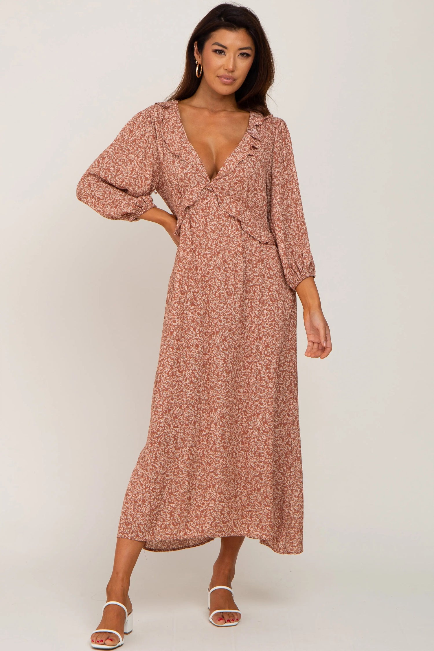 PinkBlush Rust Floral Ruffle V - Neck Midi Dress - 