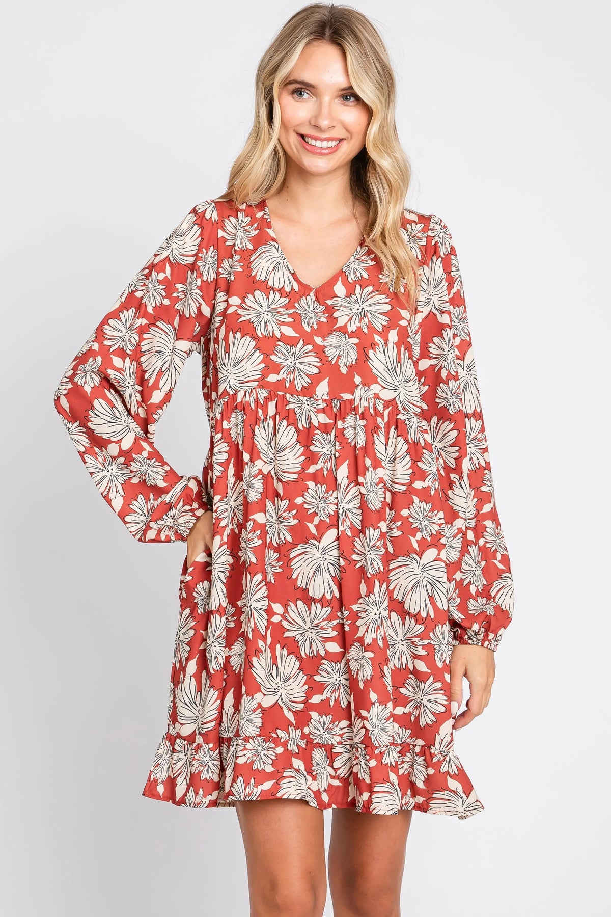 PinkBlush Rust Floral V - Neck Long Sleeve Dress - 