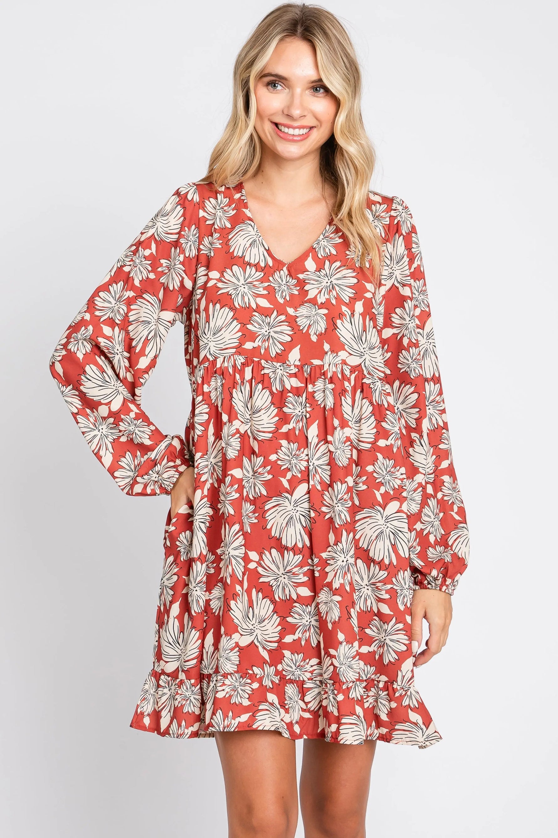 PinkBlush Rust Floral V - Neck Long Sleeve Dress - 