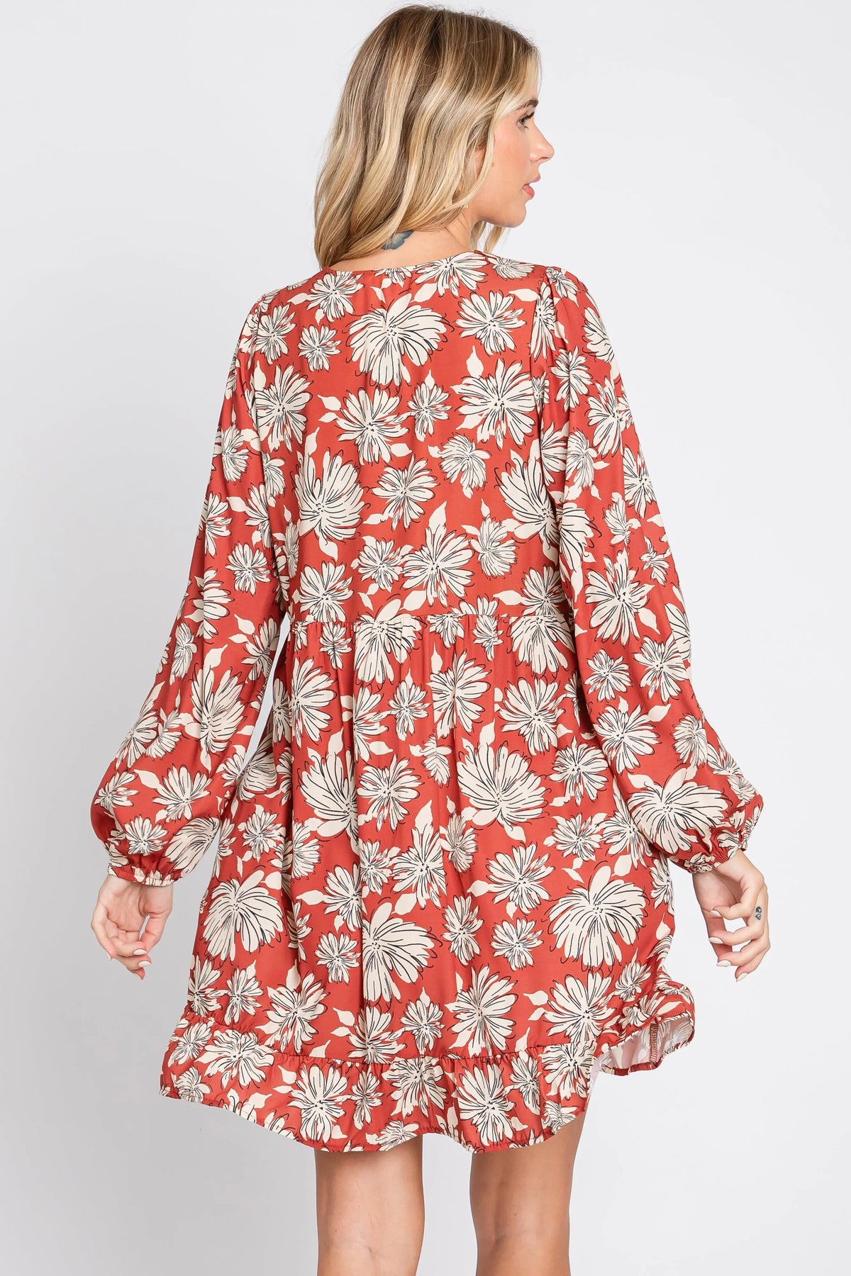PinkBlush Rust Floral V - Neck Long Sleeve Dress - 